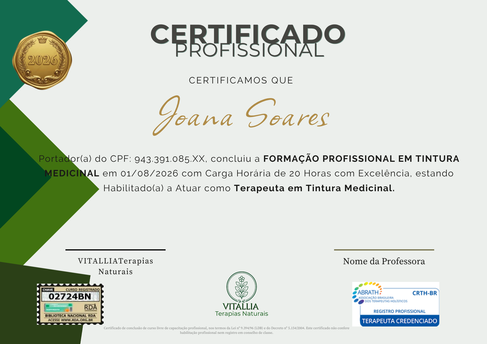 Certificado de Tintura Medicinal da VITALLIA