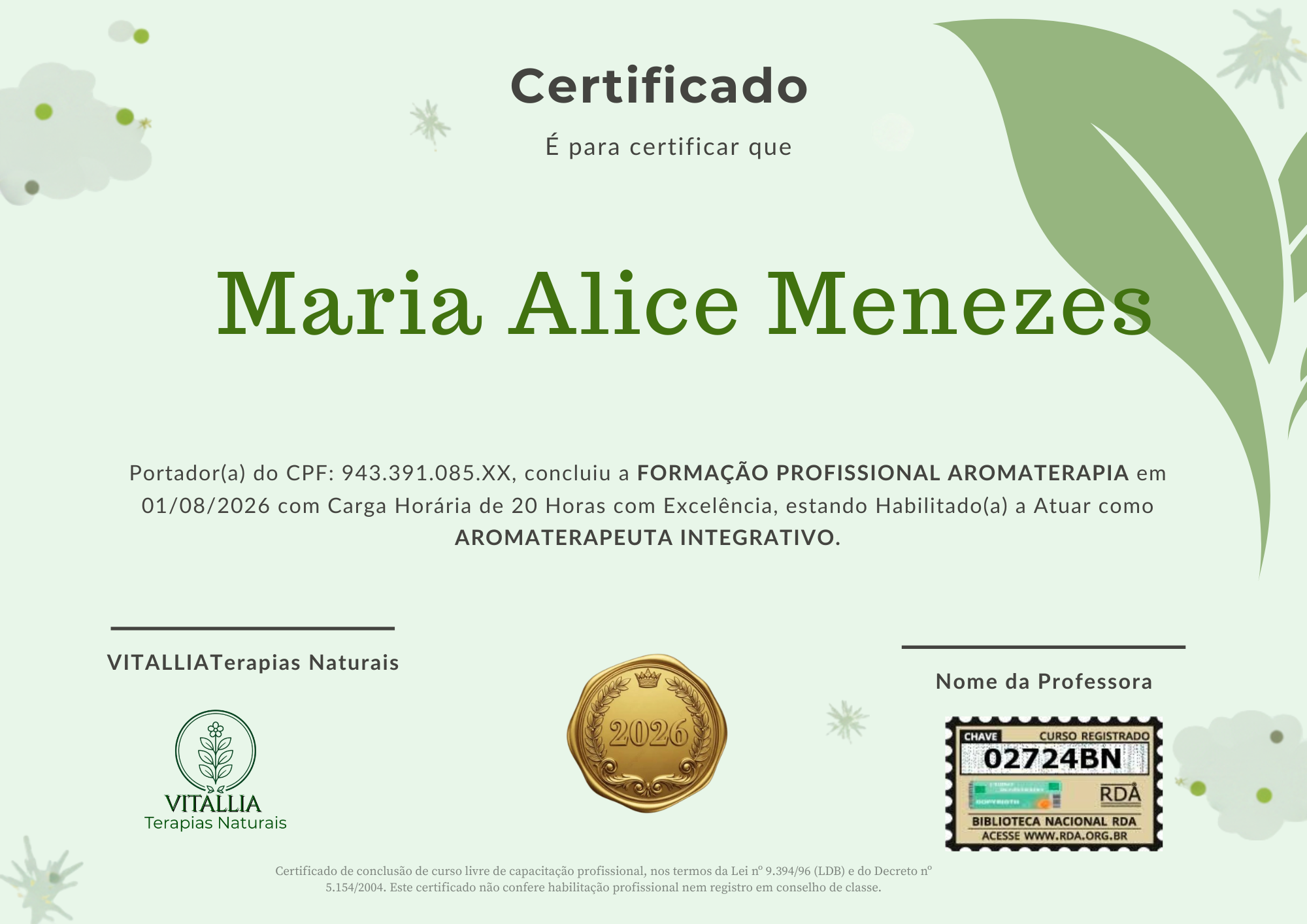 Certificado de Aromaterapia e Óleos Essenciais da VITALLIA